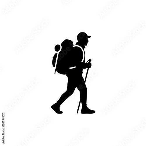 Silhouette of a hiker with a backpack and walking sticks.