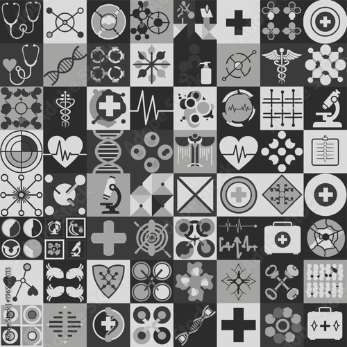 A collection of various graphic design elements in grayscale, conveying creativity and innovation.