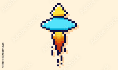 Space saucer with Jet stream. Pixel art game UFO.