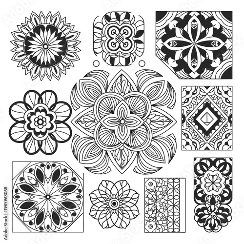 A black and white mandala design for coloring or decorative use, evoking a sense of calm and creativity.