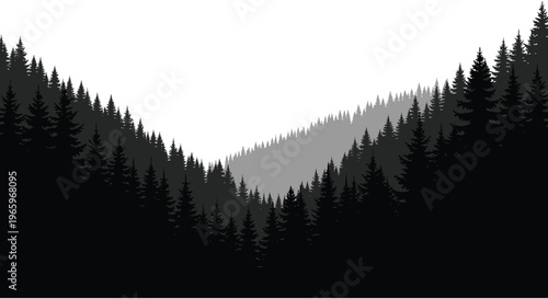 A stark monochromatic forest landscape with layered tree silhouettes receding into a bright hazy distance silhouette high quality professional detailed modern