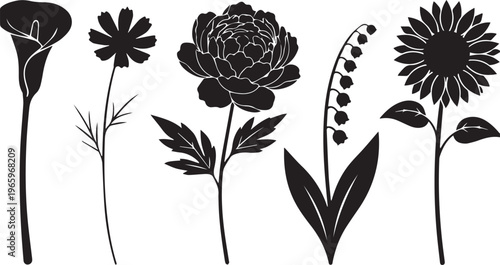 Floral Silhouette Collection Black Flower Icons Isolated on White