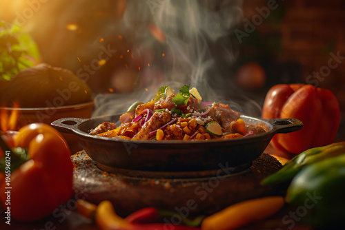 Steaming Gourmet Feast: A close-up shot presents a culinary masterpiece, a steaming plate overflowing with delicious ingredients, capturing the essence of flavor and inviting the senses.