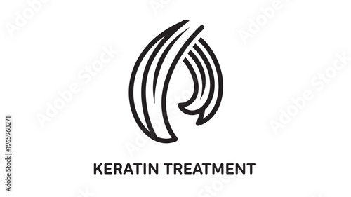 Keratin Treatment, Sleek Black Line Art Depicting Flowing Hair Strands Forming an Abstract Teardrop or Leaf Shape, Symbolizing Smoothness and Hair Care on a Clean