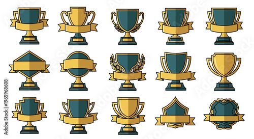 Collection of various golden trophy cup designs for awards and achievements.