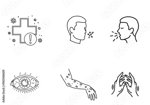Health symptoms and medical warning line icons for illness