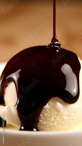 Rich Chocolate Sauce Drizzled Over Creamy Vanilla Ice Cream Scoop on White Plate Close Up Dessert