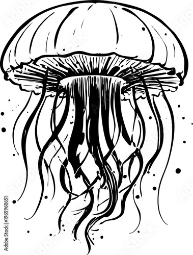 black graphic drawing of a large jellyfish on a white background, isolated element, decor