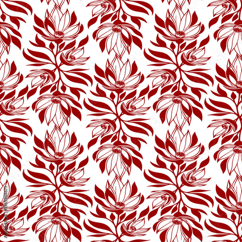 seamless red graphic floral pattern on white background, texture