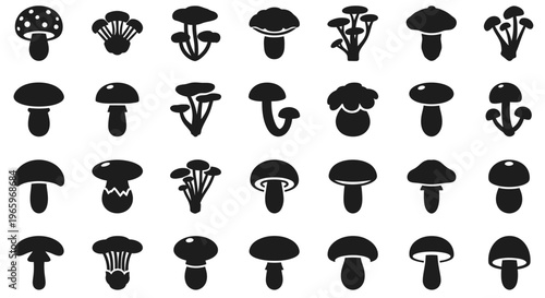 Collection of various mushroom silhouettes in black and white, isolated on white background.