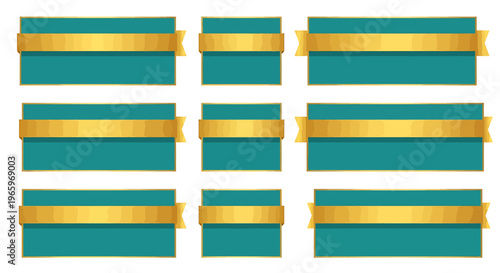 Elegant teal banners adorned with golden ribbons for various design purposes.