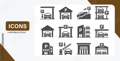Urban Parking and Basement Parking Structure Icon Set Featuring Ramps, Facilities, and Parking Systems