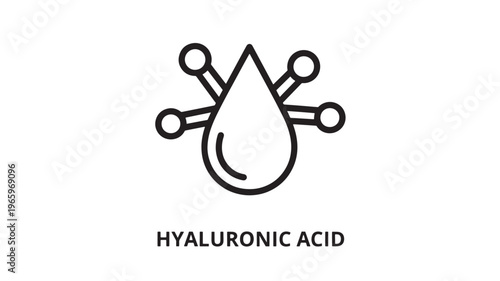 Clean black and white line art illustration of a hyaluronic acid molecular structure, ideal for skincare, wellness, medical, and scientific marketing materials.