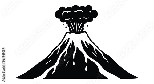 A stark black silhouette depicts a volcanic eruption with flowing lava and billowing smoke showcasing natural power silhouette high quality professional