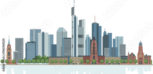 Frankfurt city skyline illustration with modern skyscrapers, historic buildings, urban landscape, financial district, panoramic cityscape, Germany architecture travel concept design