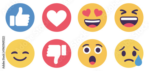 Foto Social media emoji reaction icon set, featuring like, love, dislike, laugh, cry, sad, wow, and heart eyes emojis, vector reactions for digital communication, messaging, and chat use