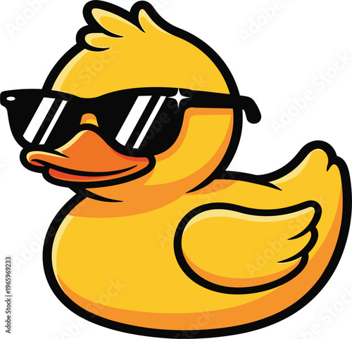 Yellow rubber duck wearing black sunglasses vector icon isolated on white background for summer bath toys