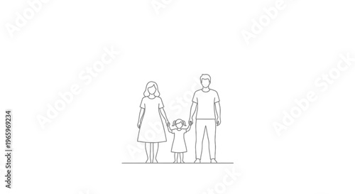 Minimalist family line art vector, father mother and daughter holding hands, simple black and white outline of happy family standing together