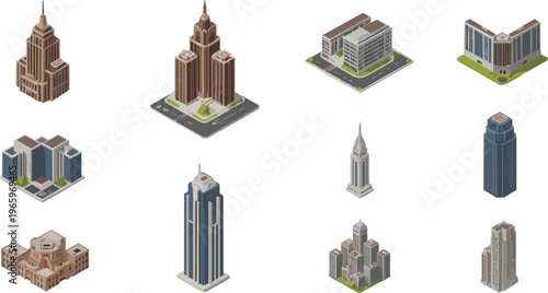 Isometric city buildings set with skyscrapers, offices, residential towers, urban architecture collection, modern cityscape elements, 3d design illustration pack