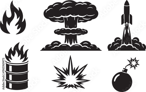 explosion, fire icon, flame symbol, blast effect, bomb explosion, rocket launch, nuclear explosion, mushroom cloud, burning barrel, fire hazard, danger symbol, hazard icon, explosive, detonation, blas