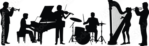 Music band silhouette illustration, orchestra musicians with violin piano drums harp and trumpet for live concert performance and entertainment design.
