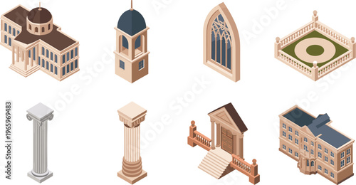 Isometric classical architecture elements set with building tower gothic window courtyard column entrance facade detailed 3D illustration collection