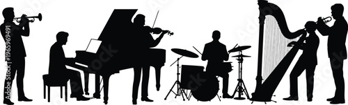 Orchestra musicians silhouette illustration, music band with violin piano drums harp and trumpet for live concert performance and entertainment design.