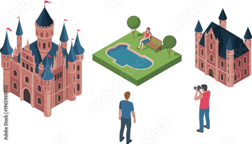 Isometric fairytale castle with park scene, tourists, photographer, fantasy architecture, medieval palace, travel attraction, romantic landmark illustration design concept