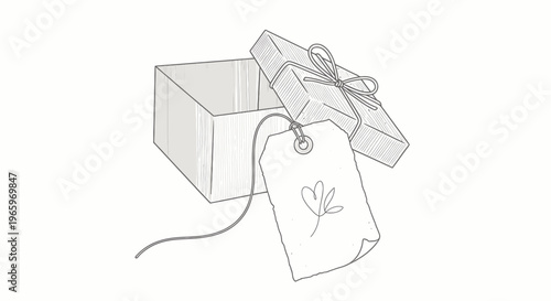 Minimalist line art gift box with open lid and ribbon, hand drawn present with hanging price tag and floral heart, elegant boutique packaging vector