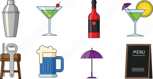 Cocktail and Bar Equipment Icons Set Featuring Shaker, Martini Glass, Beer Mug, Wine Bottle, and Menu for Bar and Restaurant Use