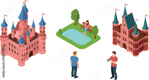 Isometric fairytale castle scene with park, pond, tourists and photographer, fantasy medieval architecture, travel destination, romantic landmark illustration design concept