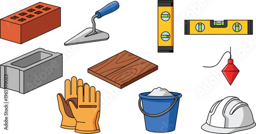 Construction and Building Tools Icons Set Featuring Bricks, Trowel, Gloves, Bucket, and Hard Hat for Construction and DIY Projects