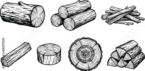 Set of various wood logs and lumber in a rustic sketch style, showcasing different cuts and arrangements for construction and fuel