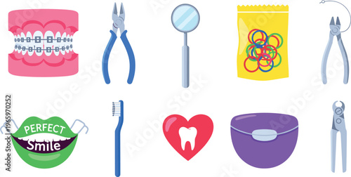Dental and Orthodontic Tools Icons Set Featuring Braces, Toothbrush, Pliers, Tooth, and Smile Care for Oral Health and Treatment