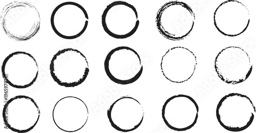 Bild auf Leinwand Collection of textured hand drawn circular brush strokes and black ink ring frames isolated on a white background