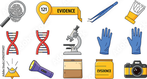 Forensic and Investigation Tools Icons Set Featuring Fingerprint, DNA, Microscope, Evidence, and Flashlight for Crime Scene Analysis
