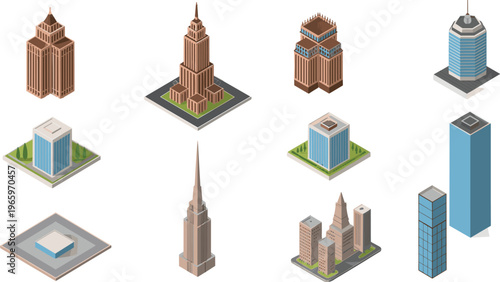 Isometric skyscraper collection with modern high rise buildings, office towers, urban architecture set, city skyline elements, 3d design illustration pack
