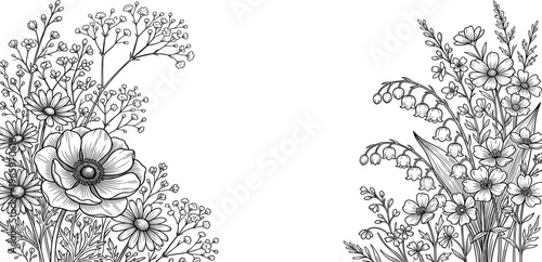 Intricate black and white botanical illustration showcasing delicate spring flowers and flourishing foliage, ideal for elegant decorative designs, coloring books, or nature-themed graphic projects