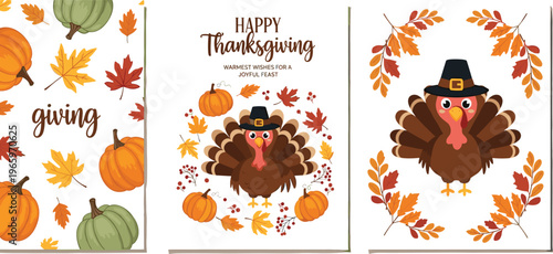 Happy Thanksgiving vector greeting card set featuring cute cartoon turkey wearing pilgrim hat with autumn pumpkin pattern and colorful fall leaf frames.