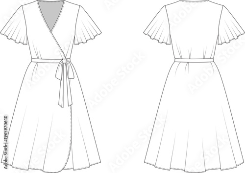 Technical flat of a wrap dress with V-neckline, flutter sleeves, waist tie belt, and rounded hem. Includes front and back views for fashion design, tech packs, and production.