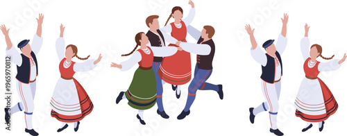 Traditional folk dance group illustration with men and women in ethnic costumes, circle dancing, cultural celebration, festival performance, flat design