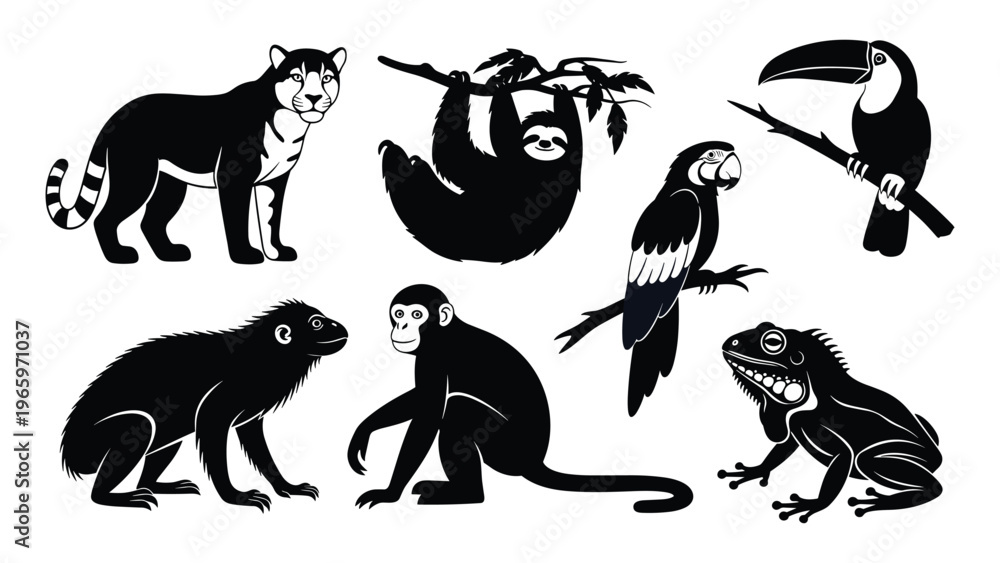 Naklejka premium Tropical rainforest animals silhouette vector jaguar sloth toucan monkey parrot iguana capybara illustration for biodiversity education