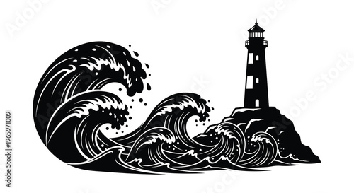 A dramatic black and white illustration depicts a lighthouse beside crashing waves rendered in a striking silhouette high quality professional detailed
