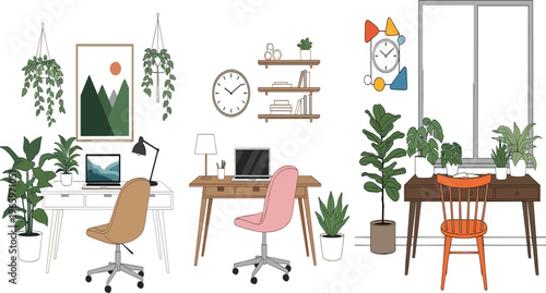 Modern home office workspace interior vector set featuring cozy desk setups with laptops green houseplants stylish chairs and decorative wall shelves on white.
