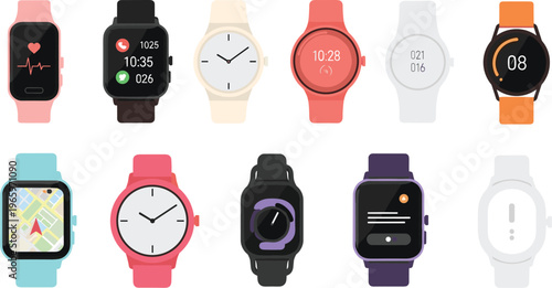 Smartwatch collection, wearable technology, fitness tracker, GPS navigation, heart rate monitor, digital interface, modern wristwatch, lifestyle gadget