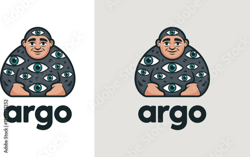Argo Logo Design, Many Eyed Giant Mascot Illustration, Flat Vector Character for Security and Monitoring