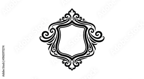 An ornate decorative frame with swirling patterns and a central shield shape presents a striking silhouette high quality professional detailed modern