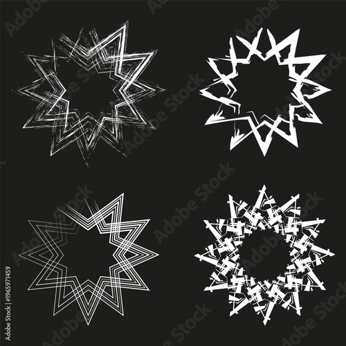 Grunge star frame. Textured border set. Star shape Vector. White geometry element. Manual vector only. No autotrace used.