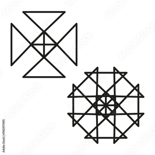 Geometric pattern set. Linear Vector shape. Crystal structure design. Symmetry symbol variety. Manual vector only. No autotrace used.