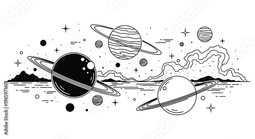 A striking black and white illustration depicts planets stars and a mountainous landscape in a bold silhouette high quality professional detailed